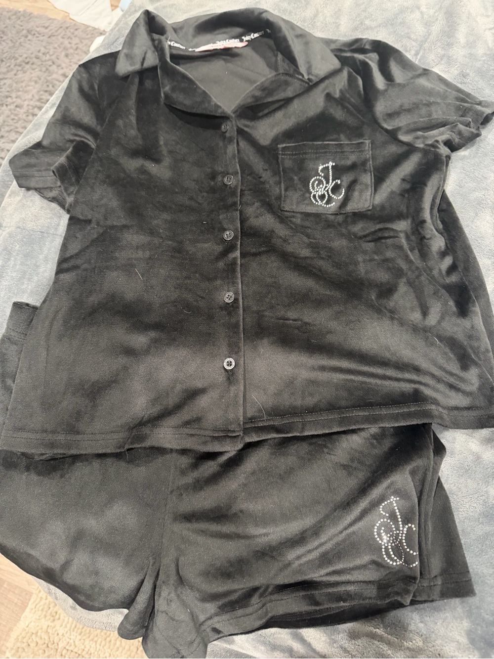 Juicy Couture Black Velour Two-Piece Short Pajama Set with Rhinestone JC Logo